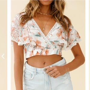 LAGUNA OPEN BACK CROCHET TRIM CROP TOP FLORAL PRINT ORANGE MULTI